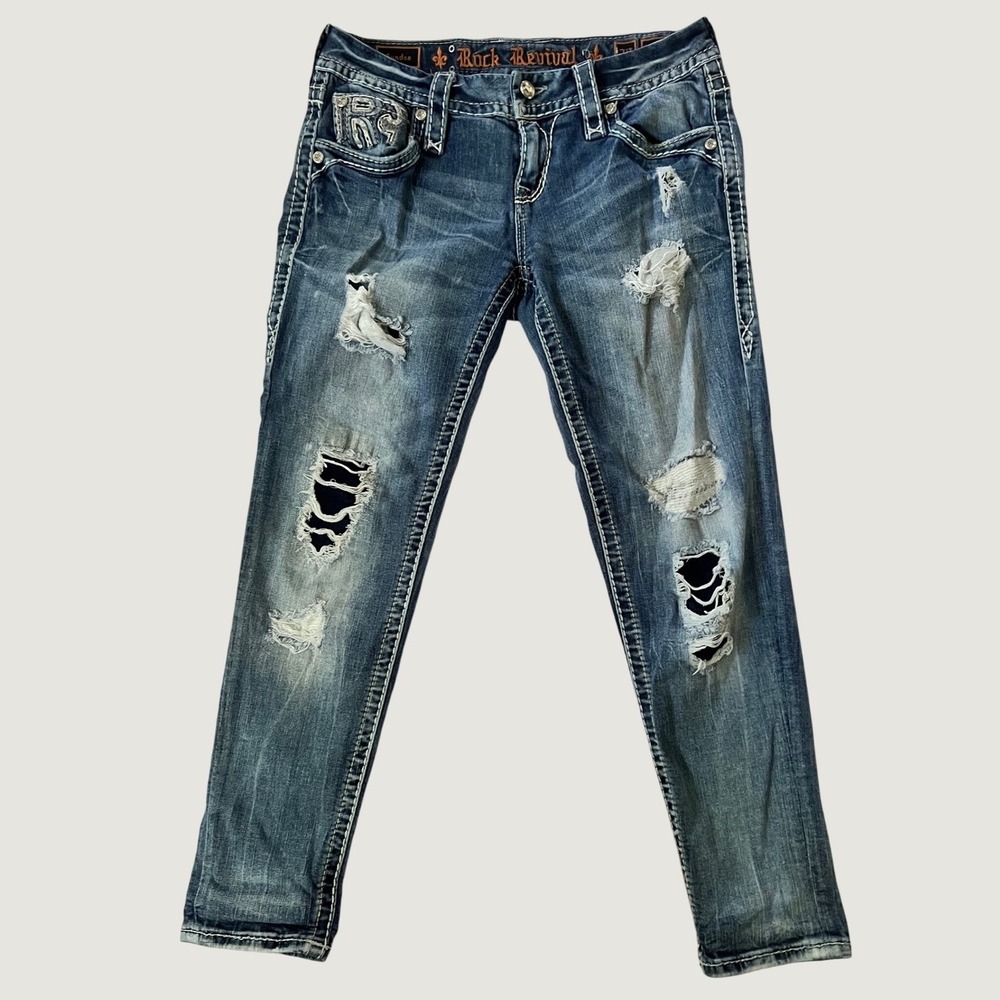 Rock Revival Sundee Ankle Skinny Jeans Blue Distressed Embellished 28